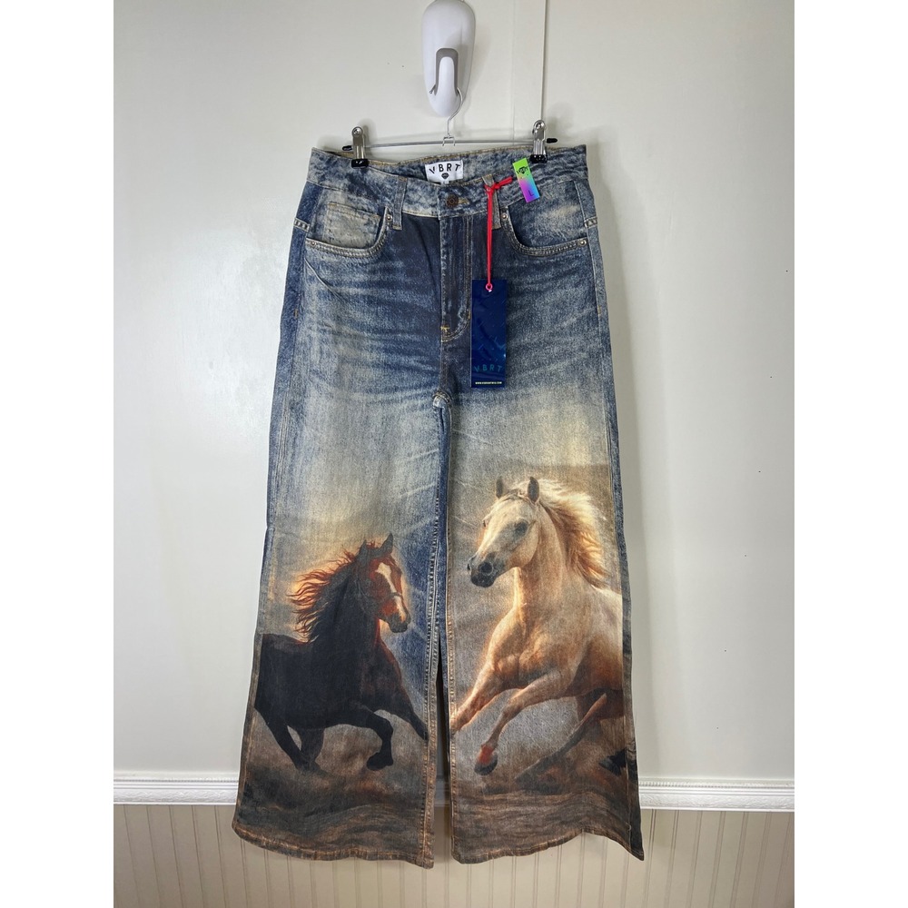 Vibrant MIU VBRT Horse Graphic Wide Leg Jeans Blue Acid Wash Western Print L